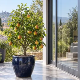Poirier 'Garden gem' (Pyrus communis) — petit arbre fruitier en pot sur terrasse
