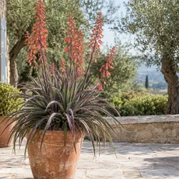 Yucca rouge 'Rubra' (Hesperaloe parviflora) — touffe graphique aux longs épis floraux rouges en terrasse