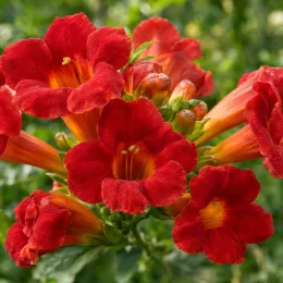 Bignone de virginie 'Flamenco' (Campsis radicans) — grappes de grandes fleurs tubulaires rouges