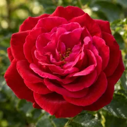 Rosier 'Dominica' (Rosa hybrida) — gros plan sur une fleur rouge épanouie · Photo d'illustration
