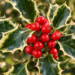 Houx commun 'Argenteomarginata' (Ilex aquifolium) — gros plan de feuilles épineuses et baies rouges