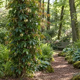 Holboellia (Holboellia latifolia) — liane grimpante fleurie sur tronc dans sous-bois · Photo d'illustration