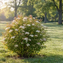 Spirée du japon 'Shirobana' (Spiraea japonica) — arbuste fleuri isolé sur pelouse ensoleillée · Photo d'illustration