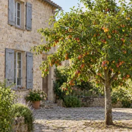Prunier 'Victoria' (Prunus domestica) — arbre fruitier chargé de prunes près d’une maison