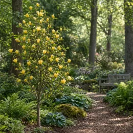 Magnolia 'Daphne' — jeune arbre fleuri près d'un sentier de jardin