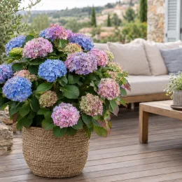 Hortensia 'Bailmer' (Hydrangea macrophylla) — grand arbuste fleuri en pot tressé sur terrasse · Photo d'illustration