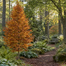 Charme commun 'Orange retz' (Carpinus betulus) — jeune arbre au feuillage orangé dans un jardin · Photo d'illustration