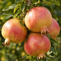 Grenadier à fruit 'Kabylie' (Punica granatum) — gros fruits ronds accrochés à une branche · Photo d'illustration