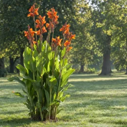 Canna géant marabout 'Marabout' — touffe de plante florifère orange sur pelouse · Photo d'illustration