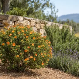 Potentille 'Tangerine' (Potentilla fruticosa) — arbuste fleuri orange dans massif méditerranéen · Photo d'illustration