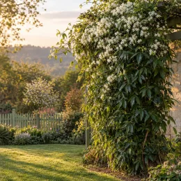 Clématite d'armand (Clematis armandii) — grande liane vigoureuse couverte de petites fleurs blanches · Photo d'illustration