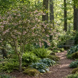 Styrax du japon 'Pink chimes' (Styrax japonica) — arbre fleuri bordant un sentier de jardin · Photo d'illustration