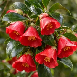 Camelia 'Freedom bell' (Camelia japonica) — clochettes rouges retombantes au feuillage brillant · Photo d'illustration