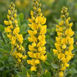 Cytise de l'himalaya (Piptanthus nepalensis) — grappes de fleurs jaunes dressées avec feuillage vert · Photo d'illustration