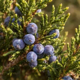 Genévrier de chine (Juniperus chinensis) — rameau avec petits fruits bleus sur feuillage