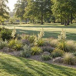 Yucca 'Golden sword' (Yucca flaccida) — massif de plantes graphiques en fleurs au jardin · Photo d'illustration