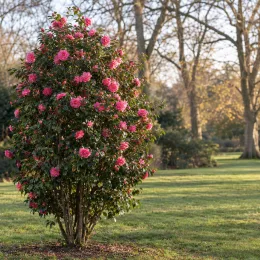 Camelia 'Inspiration' (Camelia japonica) — grand arbuste fleuri isolé dans un parc · Photo d'illustration