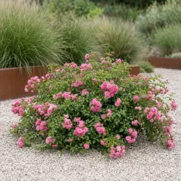 Rosier couvre-sol 'Pablito' (Rosa) — massif buissonnant à petites fleurs roses · Photo d'illustration