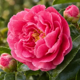 Camelia 'Debbie' (Camelia japonica) — gros plan de fleur rose épanouie avec boutons · Photo d'illustration