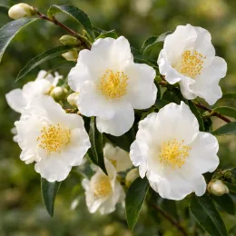 Camelia (Camelia tsaii) — fleurs blanches ouvertes aux étamines jaunes · Photo d'illustration