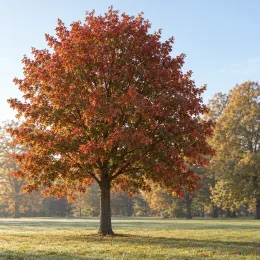 Chêne rouge d'amérique (Quercus rubra) — grand arbre isolé au feuillage rouge orangé · Photo d'illustration
