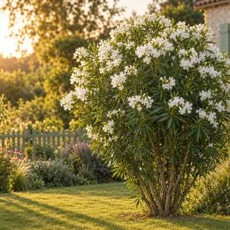 Laurier rose (blanc) — grand arbuste fleuri dans jardin ensoleillé · Photo d'illustration
