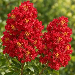 Lilas des indes 'Rouge' (Lagerstroemia indica) — grappes de fleurs rouges aux étamines jaunes · Photo d'illustration