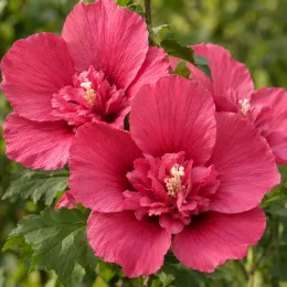 Althéa 'Pompei minsygrou02' (Hibiscus syriacus) — gros plan sur trois grandes fleurs roses