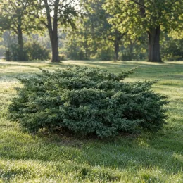 Genévrier doré de pfitzer 'Compacta' (Juniperus pfitzeriana) — arbuste conifère bas et étalé sur pelouse