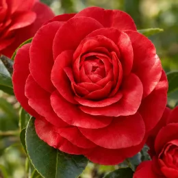 Camelia 'Red red rose' (Camelia japonica) — gros plan sur une fleur rouge épanouie · Photo d'illustration