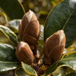 Magnolia 'Bubbles' (Michelia) — gros plan sur trois boutons floraux bruns · Photo d'illustration