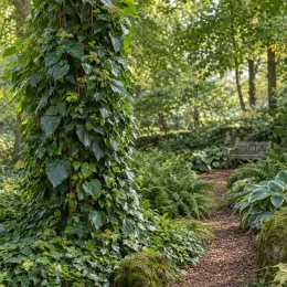 Lierre de perse (Hedera colchica) — liane grimpante couvrant un tronc dans jardin ombragé · Photo d'illustration