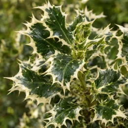 Houx commun 'Ferox argentea' (Ilex aquifolium) — gros plan sur feuilles panachées très épineuses · Photo d'illustration