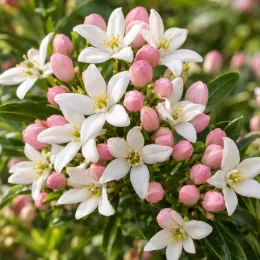 Oranger du mexique 'Scented gem' (Choisya ternata) — gros plan de fleurs blanches et boutons roses