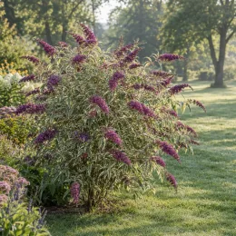 Arbre aux papillons panaché 'Harlequin' (Buddleia davidii) — arbuste aux longues grappes de fleurs mauves · Photo d'illustration