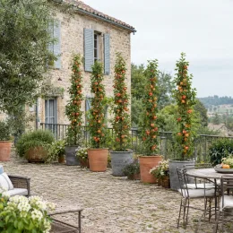 Pommier 'Ballerina polka' (Malus domestica) — arbres fruitiers en colonne sur terrasse en pierre · Photo d'illustration