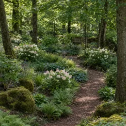 Hortensia paniculé 'Bobo' (Hydrangea paniculata) — massifs fleuris le long d’un sentier forestier · Photo d'illustration
