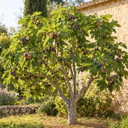Figuier 'Violette d'argenteuil' (Ficus carica) — arbre fruitier au tronc clair couvert de fruits · Photo d'illustration