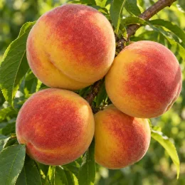 Pêcher 'J h hale' (Prunus persica) — gros fruits duveteux jaune et rouge sur branche