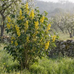 Cytise de l'himalaya (Piptanthus nepalensis) — arbuste fleuri jaune devant muret en pierre · Photo d'illustration