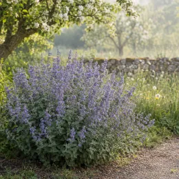Népétas 'Six hills giant' (Nepeta faassenii) — grand massif fleuri au bord d’un chemin · Photo d'illustration