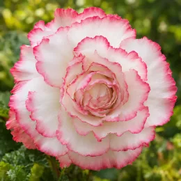 Bégonia tubéreux 'Prima donna clair de lune' (Begonia) — grosse fleur bicolore aux pétales bordés de rose