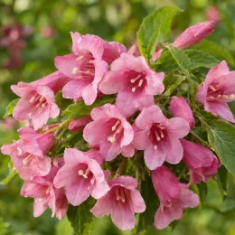 Weigelia (Weigela stellaris) — grappes de fleurs tubulaires roses en gros plan · Photo d'illustration
