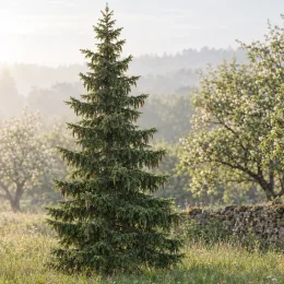 Epicéa commun (Picea abies) — grand conifère solitaire dans prairie ensoleillée · Photo d'illustration
