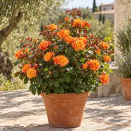 Rosier 'Embrasement parfume' (Rosa hybrida) — buisson de fleurs orange vif en pot terracotta