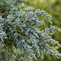 Genévrier 'Grey owl' (Juniperus virginiana) — ramure dense avec feuillage écailleux et baies bleues
