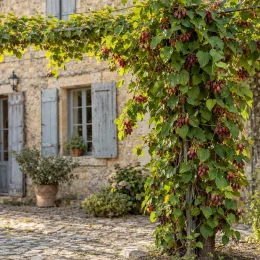 Kiwaï 'Ken's red' (Actinidia arguta) — liane fruitière grimpant sur pergola devant maison