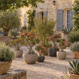 Arbre aux bonbons (Callicarpa kwangtungensis) — pots de plantes méditerranéennes devant maison en pierre · Photo d'illustration