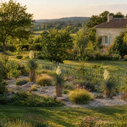 Yucca sentinelle bleu 'Blue sentry' (Yucca rigida) — massif sec de jardin avec plantes dressées fleuries · Photo d'illustration