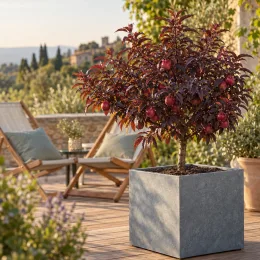 Pêcher 'Crimson' (Prunus persica) — petit arbre fruitier en pot sur terrasse